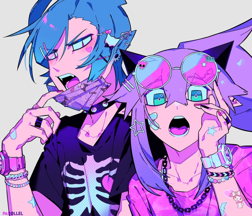 my melody, kuromi, tora, and cass (original and 2 more) drawn by par0llel