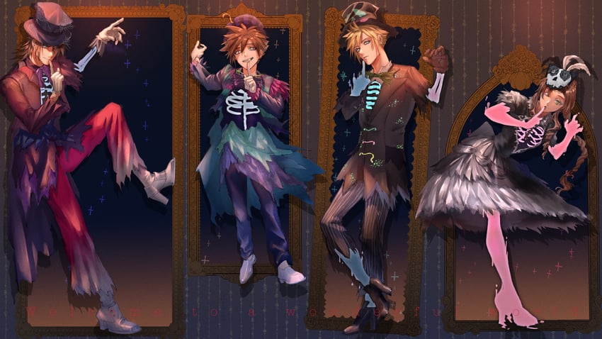 cloud strife, aerith gainsborough, sora, and squall leonhart (final fantasy and 3 more) drawn by shio_ga