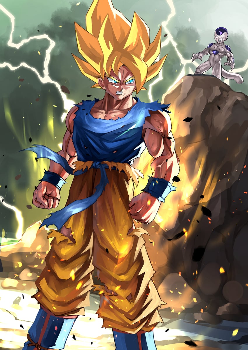 son goku, frieza, and final form frieza (dragon ball and 1 more) drawn by tesshii_(riza4828)