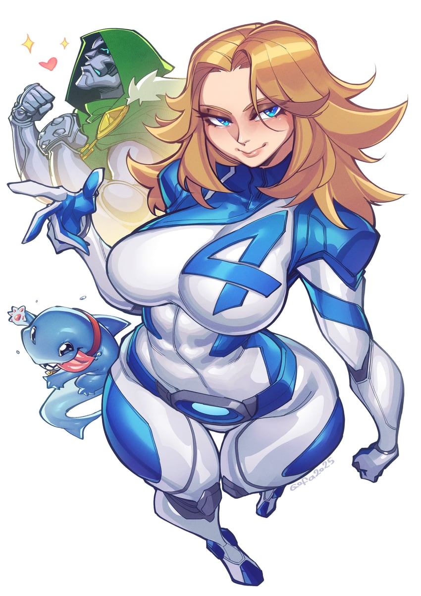 sue storm, jeff the land shark, and doctor doom (marvel and 2 more) drawn by gofa