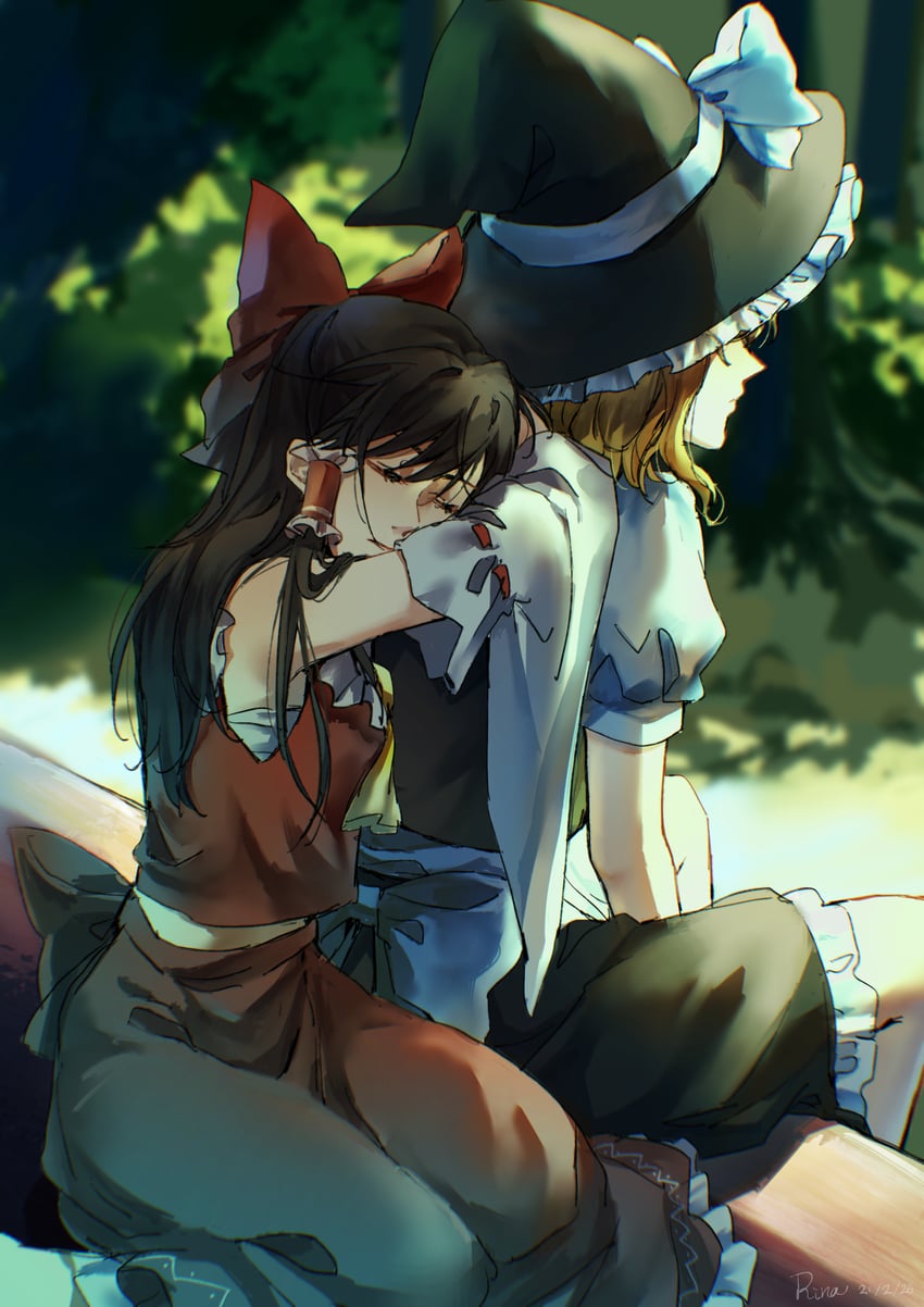 hakurei reimu and kirisame marisa (touhou) drawn by aihara-rina