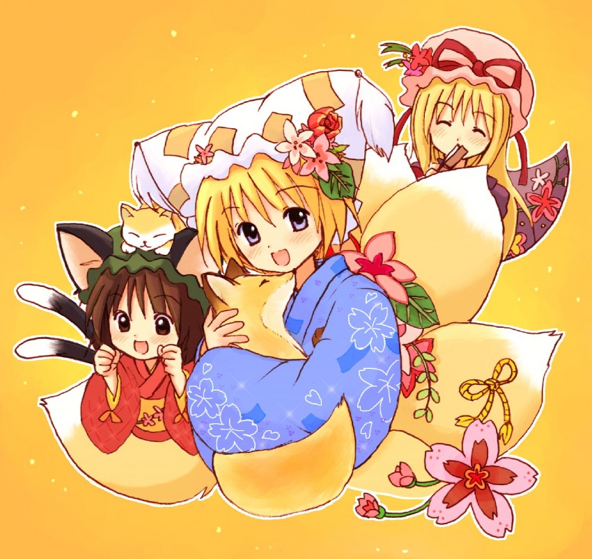 yakumo yukari, yakumo ran, and chen (touhou) drawn by eijima_moko