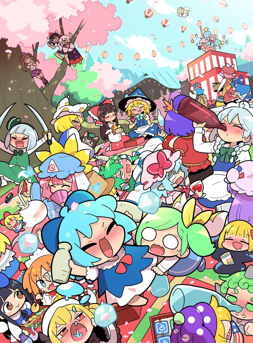 hakurei reimu, kirisame marisa, remilia scarlet, izayoi sakuya, kochiya sanae, and 33 more (touhou) drawn by moyazou_(kitaguni_moyashi_seizoujo)