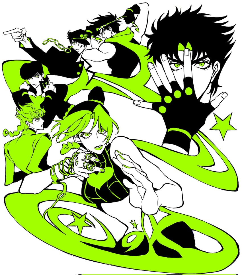 joseph joestar, kujo jotaro, kujo jolyne, giorno giovanna, jonathan joestar, and 1 more (jojo no kimyou na bouken and 6 more) drawn by clamchowder55