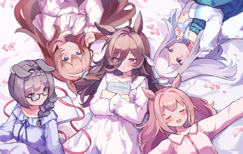 rice shower, mejiro mcqueen, mihono bourbon, haru urara, and zenno rob roy (umamusume) drawn by mola_mola