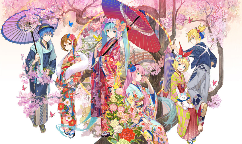 hatsune miku, kagamine rin, kagamine len, megurine luka, kaito, and 2 more (vocaloid) drawn by fuzichoco