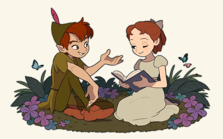 peter pan and wendy darling (walt disney's peter pan) drawn by kumao_(uexxww)