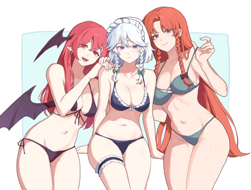 izayoi sakuya, hong meiling, and koakuma (touhou) drawn by sarukana