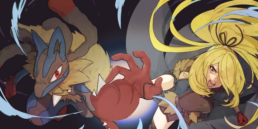 cynthia, lucario, and mega lucario (pokemon and 1 more) drawn by tebukuro_tette