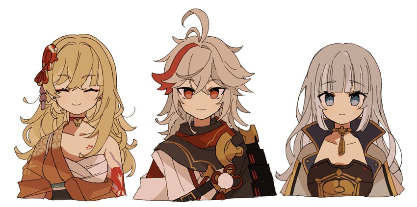kamisato ayaka, kaedehara kazuha, and yoimiya (genshin impact) drawn by iwashi_(iwashi008)