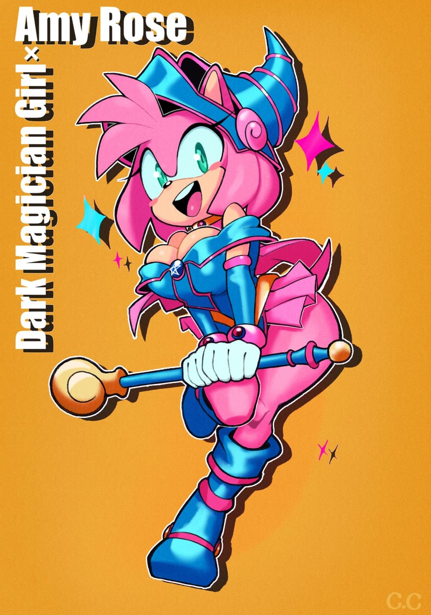 dark magician girl and amy rose (yu-gi-oh! and 1 more) drawn by champchidi