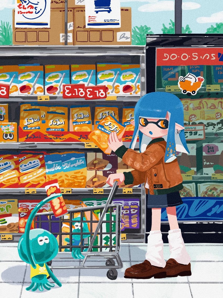 inkling player character, inkling girl, and jellyfish (splatoon) drawn by r6aru