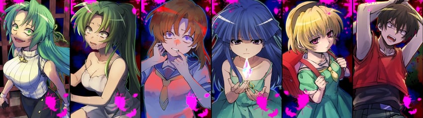 furude rika, ryuuguu rena, houjou satoko, sonozaki mion, sonozaki shion, and 1 more (higurashi no naku koro ni) drawn by nishino_(fetv8484)