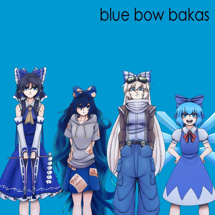 hakurei reimu, cirno, fujiwara no mokou, and yorigami shion (touhou and 2 more) drawn by skippeaccented