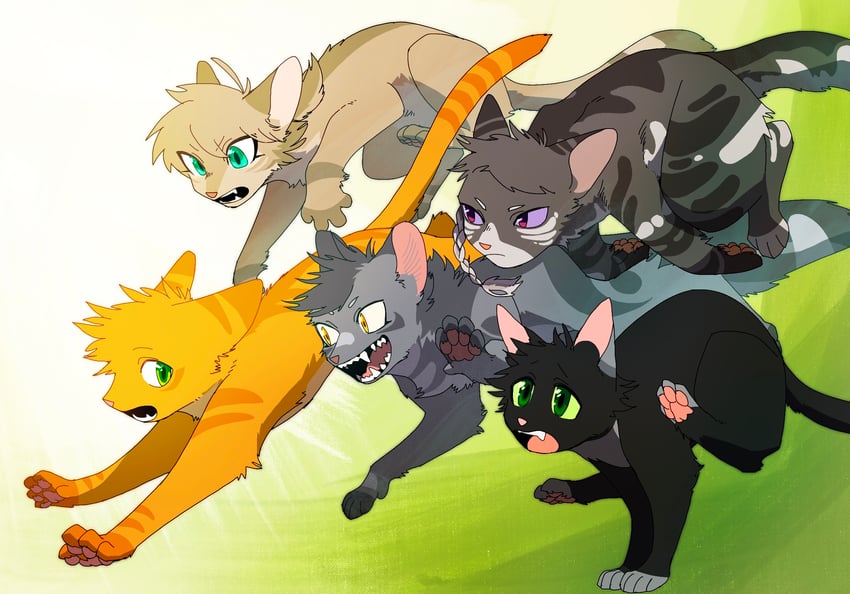 firestar, graystripe, ravenpaw, sandstorm, and dustpelt (warrior cats and 1 more) drawn by neko_gokoro