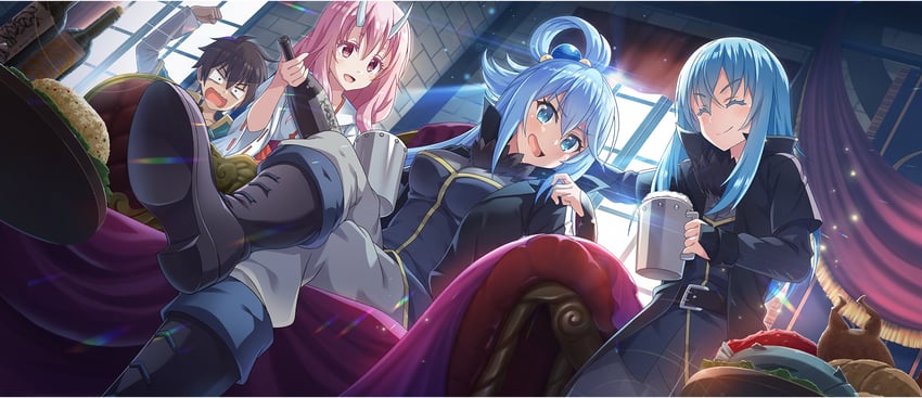 aqua, satou kazuma, rimuru tempest, and shuna (kono subarashii sekai ni shukufuku wo! and 2 more)