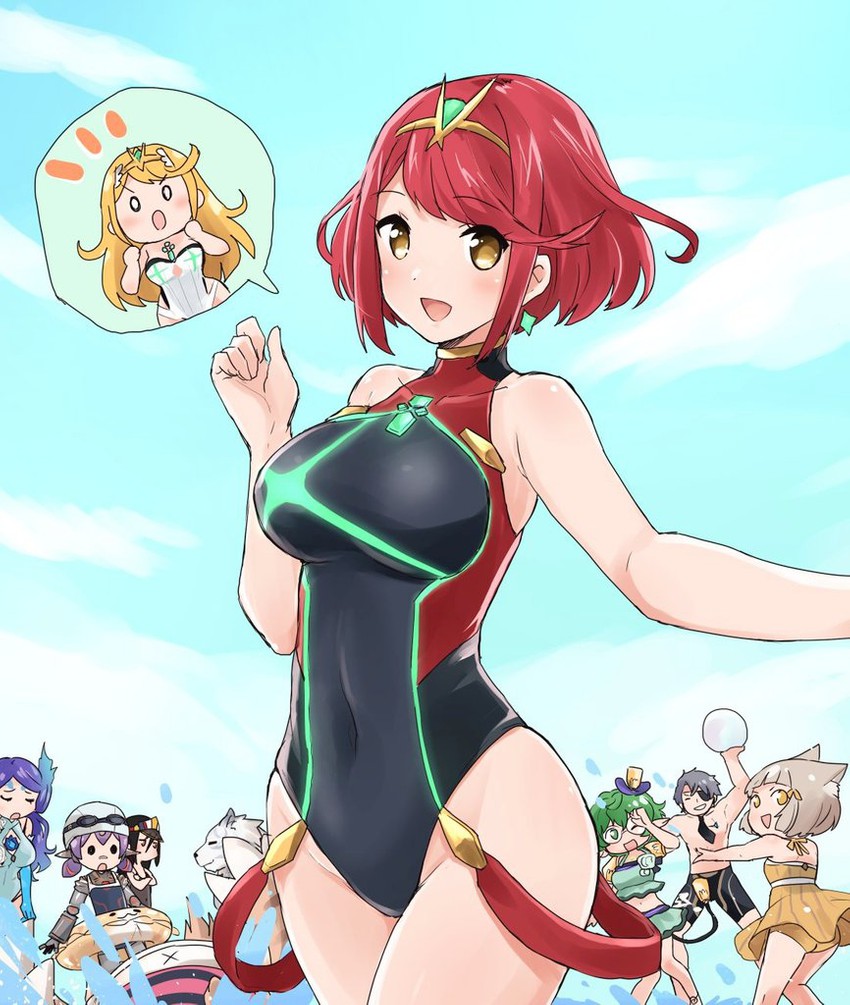 pyra, mythra, poppi, dromarch, nia, and 6 more (xenoblade chronicles and 1 more) drawn by madanai_(morisumeshi)