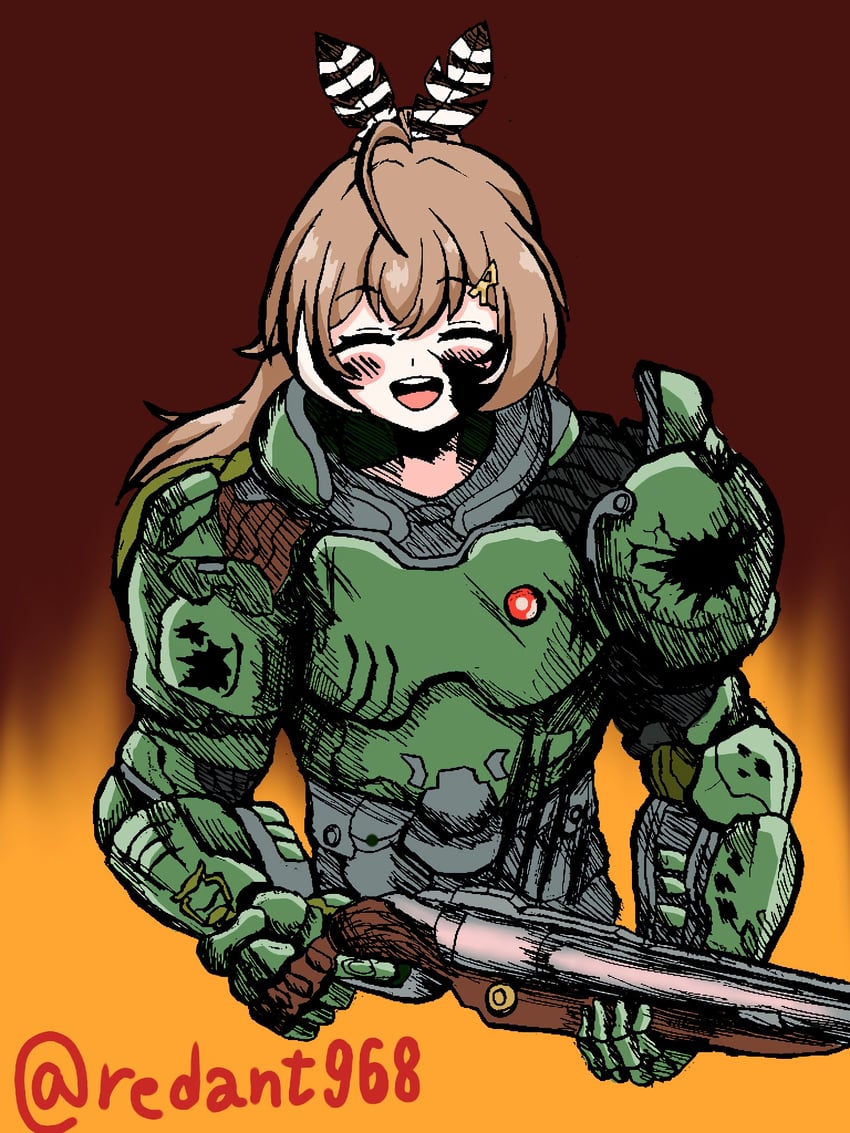 nanashi mumei and doomguy (hololive and 3 more) drawn by redant968