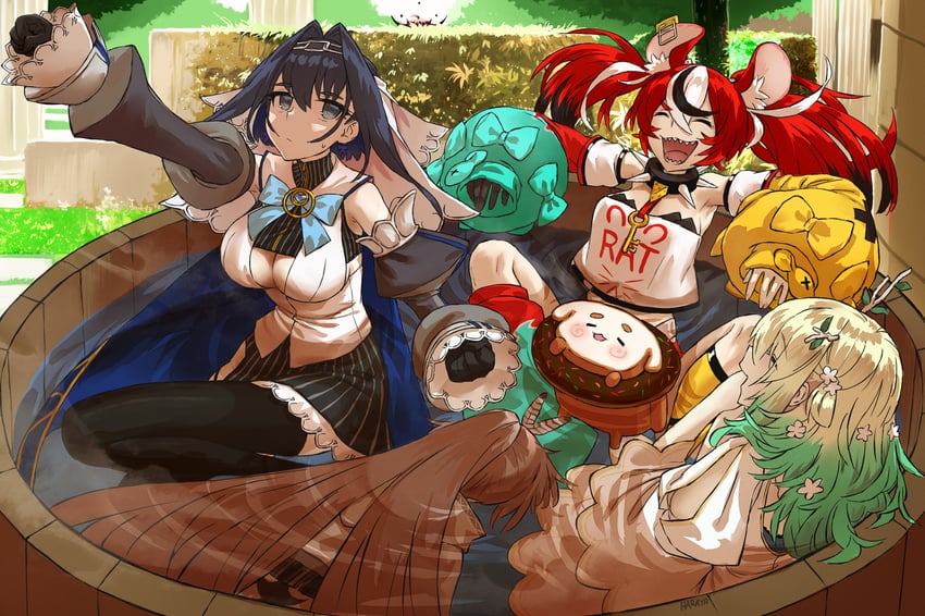 ouro kronii, nanashi mumei, hakos baelz, ceres fauna, irys, and 1 more (hololive and 1 more) drawn by haraya_manawari