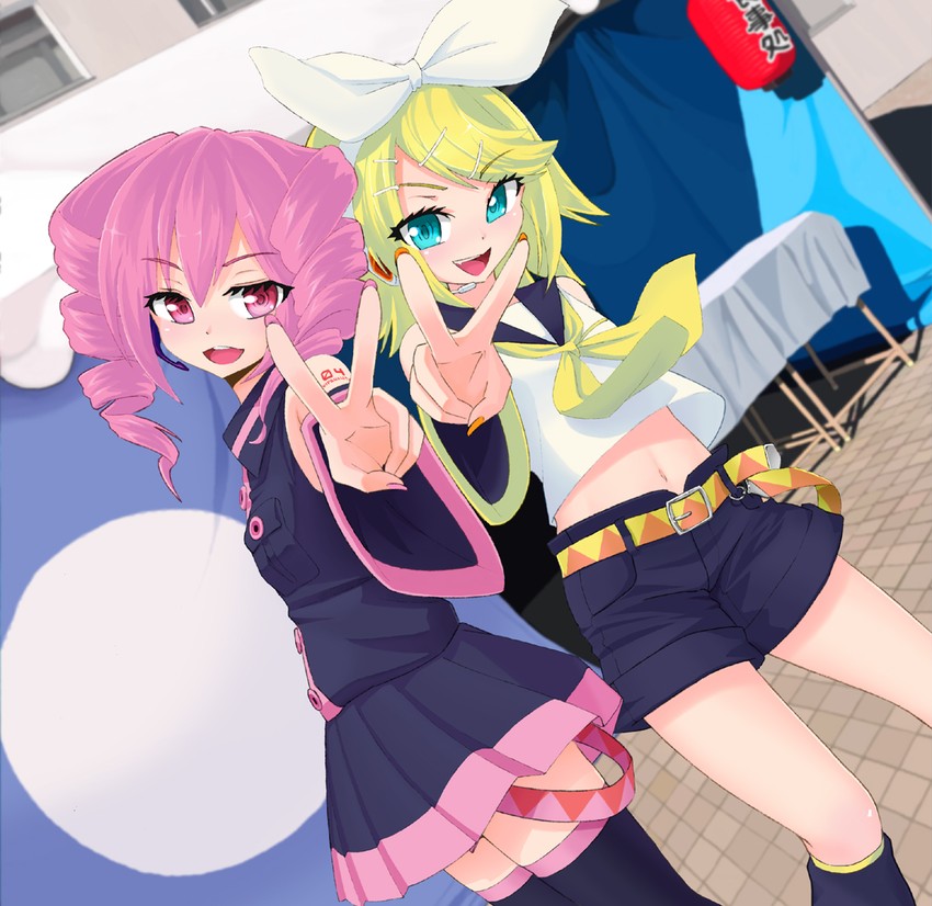 kagamine rin and kasane teto (vocaloid and 1 more) drawn by hatimituboy123