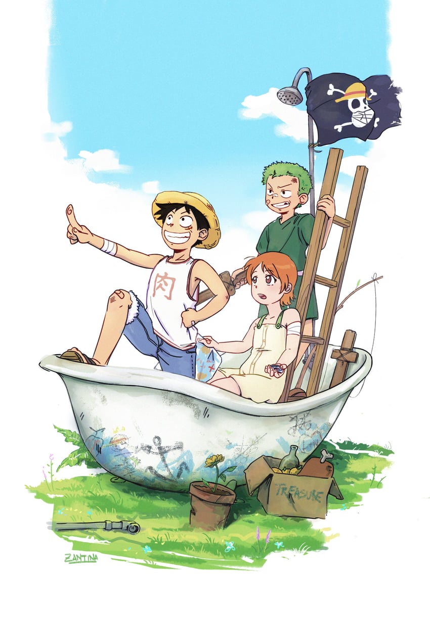 nami, monkey d. luffy, and roronoa zoro (one piece) drawn by zantinaa