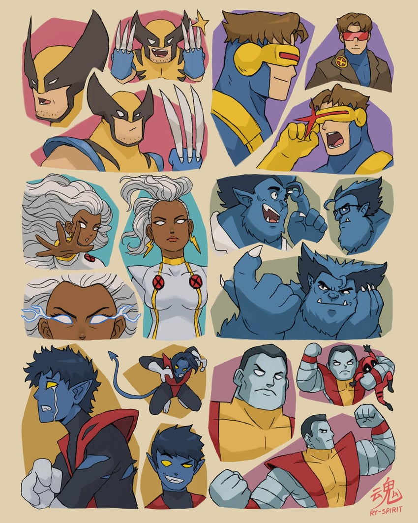 wolverine, deadpool, storm, cyclops, beast, and 2 more (marvel and 1 more) drawn by ry-spirit