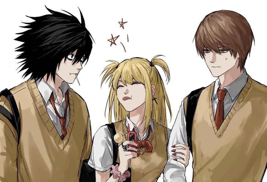 yagami light, l, and amane misa (death note) drawn by sso_s
