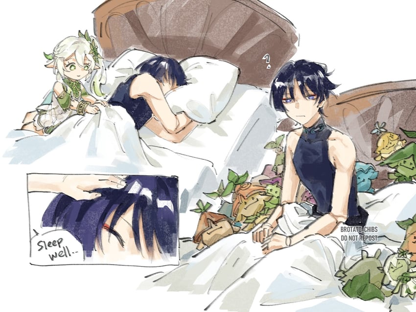 scaramouche, nahida, wanderer, and aranara (genshin impact) drawn by brotato_chibs