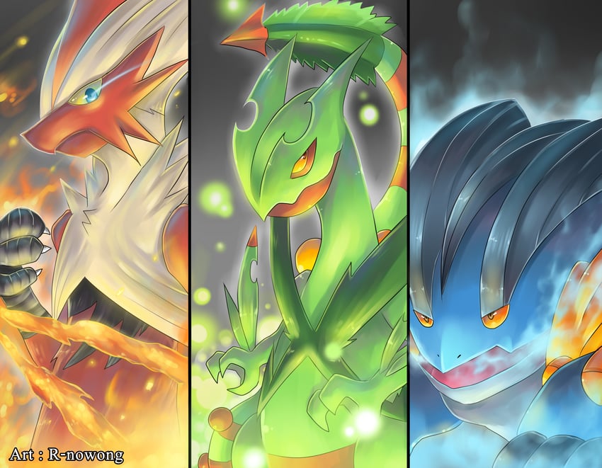 blaziken, sceptile, swampert, mega blaziken, mega sceptile, and 1 more (pokemon) drawn by r-nowong