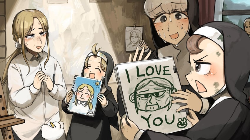 clumsy nun, froggy nun, strict nun, sheep nun, and strict nun's mother (little nuns) drawn by diva_(hyxpk)