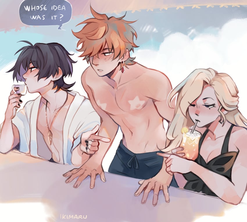 scaramouche, tartaglia, and signora (genshin impact) drawn by ikimaru