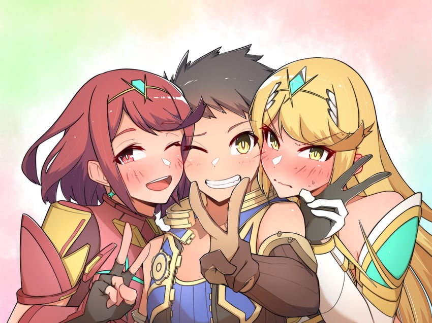 pyra, mythra, and rex (xenoblade chronicles and 1 more) drawn by osora_(judithandlilith)