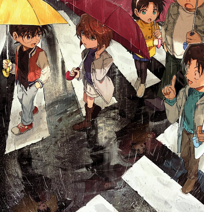 edogawa conan, haibara ai, kudou shin'ichi, miyano shiho, yoshida ayumi, and 2 more (meitantei conan) drawn by segami
