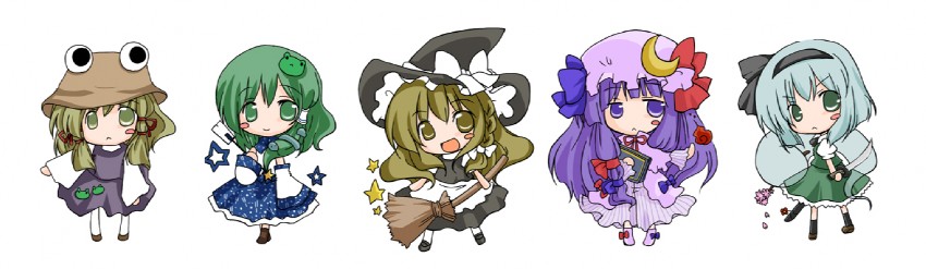 kirisame marisa, kochiya sanae, konpaku youmu, patchouli knowledge, and moriya suwako (touhou) drawn by futami_yayoi