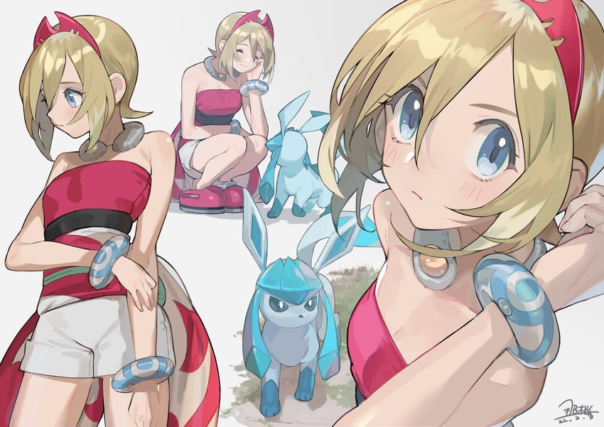 glaceon and irida (pokemon and 1 more) drawn by nao_(syn_eaa)