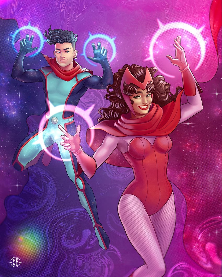 wanda maximoff, scarlet witch, and wiccan (marvel) drawn by paulovitorart
