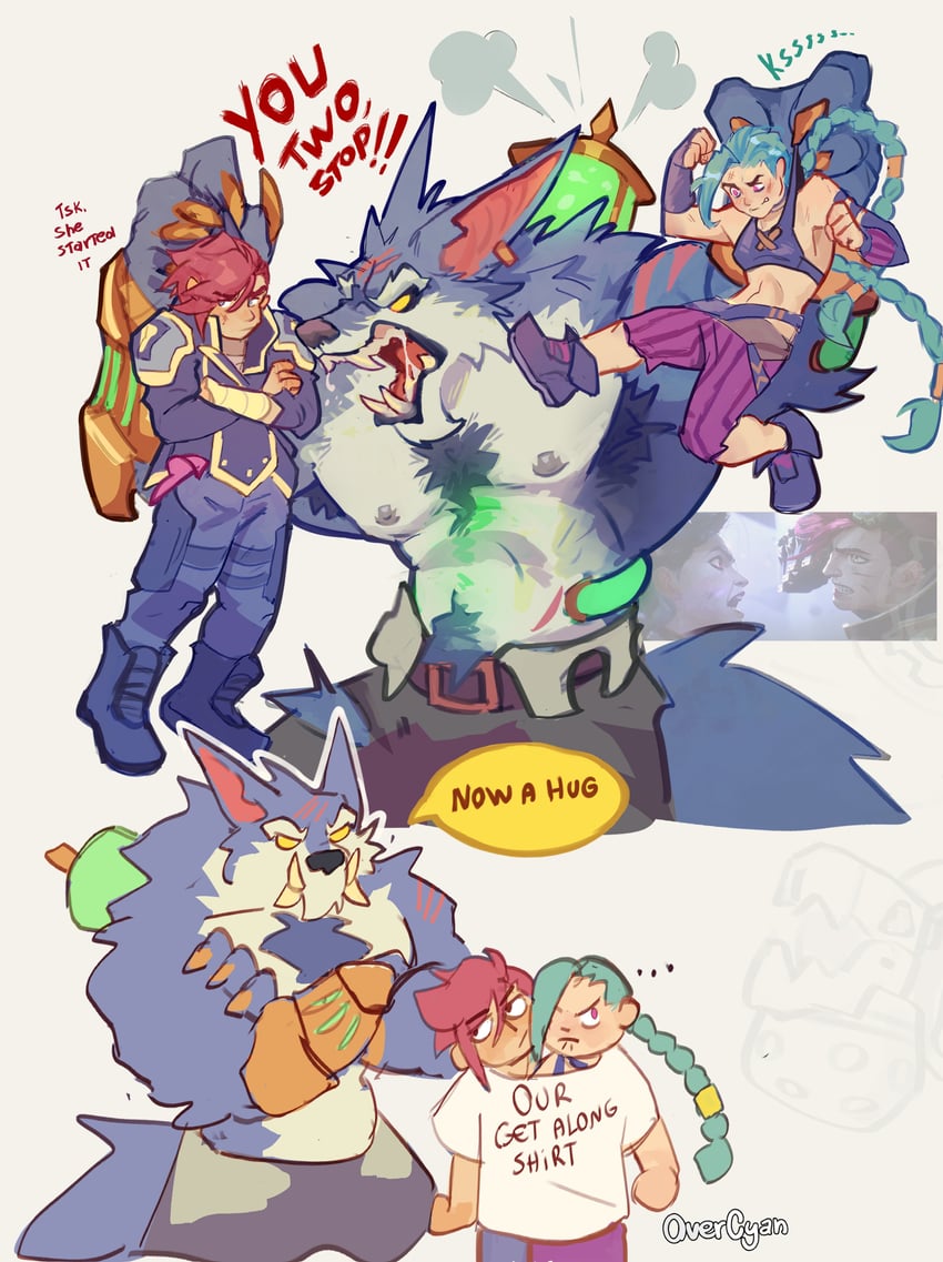 jinx, vi, arcane jinx, and warwick (league of legends and 1 more) drawn by uncle_quil_(overcyan)