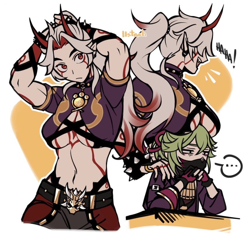 kuki shinobu and arataki itto (genshin impact) drawn by iistach