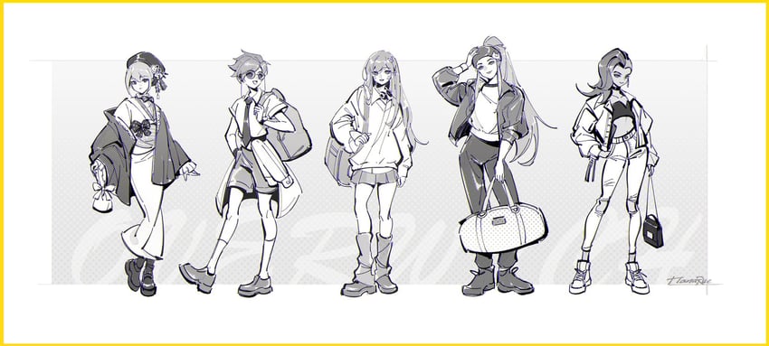 d.va, tracer, sombra, kiriko, and brigitte (overwatch and 1 more) drawn by road_233