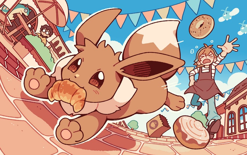 eevee, swablu, typhlosion, and quilava (pokemon) drawn by fourleafisland