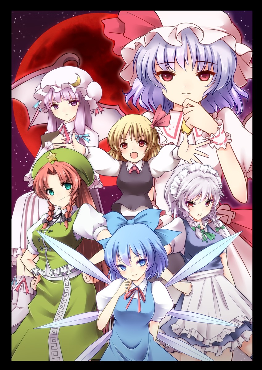remilia scarlet, izayoi sakuya, cirno, patchouli knowledge, hong meiling, and 1 more (touhou and 1 more) drawn by kamekichi_(kamekiti)