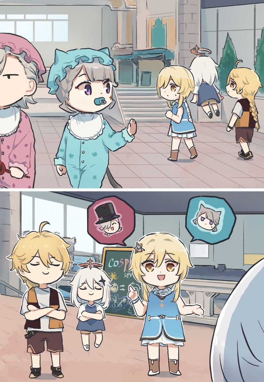 lumine, aether, paimon, arlecchino, lynette, and 1 more (genshin impact) drawn by xinzoruo