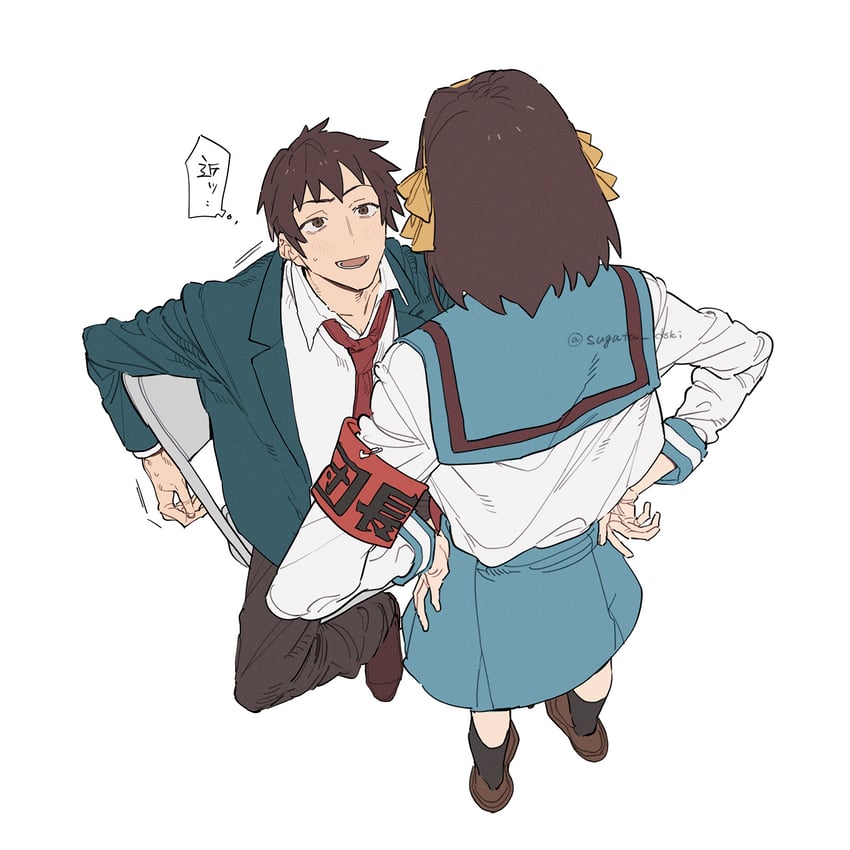 suzumiya haruhi and kyon (suzumiya haruhi no yuuutsu) drawn by sugata_dski