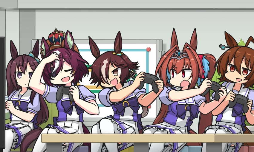 agnes tachyon, daiwa scarlet, vodka, mejiro dober, aston machan, and 1 more (umamusume) drawn by hamu_koutarou