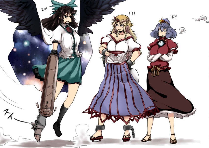 reiuji utsuho, yasaka kanako, and hoshiguma yuugi (touhou) drawn by tobisawa