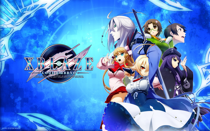 es, kuon gramred shutleheim, kagari touya, amanohokosaka mei, himezuru hinata, and 1 more (blazblue and 2 more) drawn by higuchi_konomi
