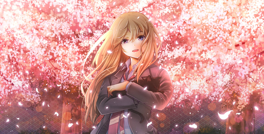 miyazono kawori and cat (shigatsu wa kimi no uso) drawn by furai