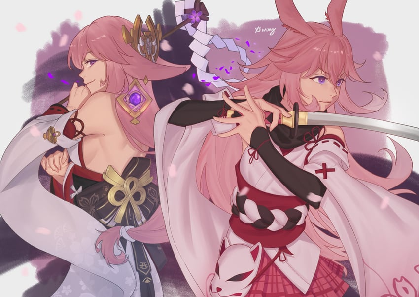 yae miko, yae sakura, and sakura ayane (genshin impact and 3 more) drawn by yjwong