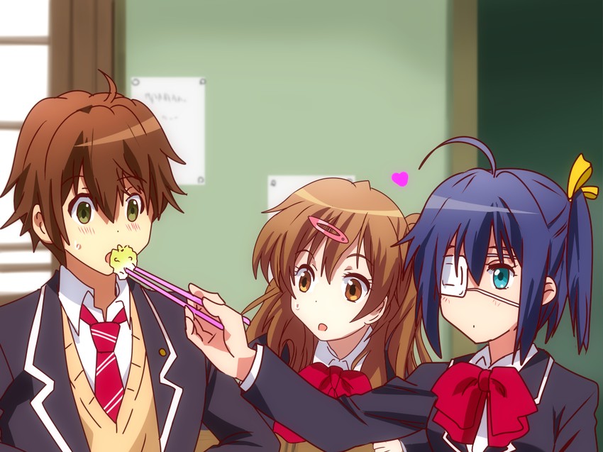 takanashi rikka, nibutani shinka, and togashi yuuta (chuunibyou demo koi ga shitai!) drawn by karuta_(karuta01)