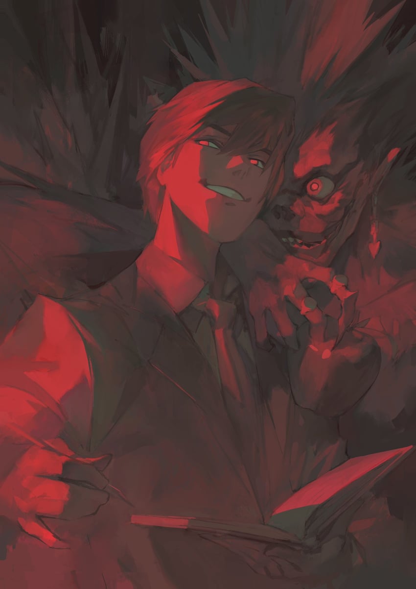 yagami light and ryuk (death note) drawn by leonardo_vincent